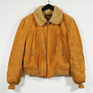 Cooper Tan Suede Bomber Jacket Shearling Collar Size 40 USA 1980s